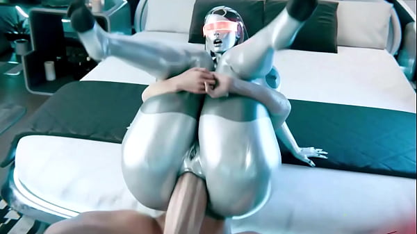 Frau in futuristischer Fantasie spritzt und genießt in Futa-Animation Höhepunkte auf Gesicht und Körper